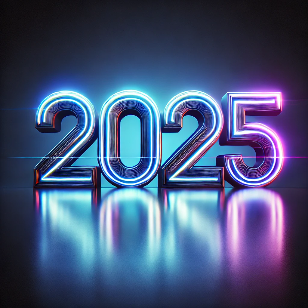 DALL·E 2025-01-02 17.31.49 - The numbers '2025' written in a sleek, futuristic font, glowing with neon blue and purple lights. The design should convey a high-tech and modern aest